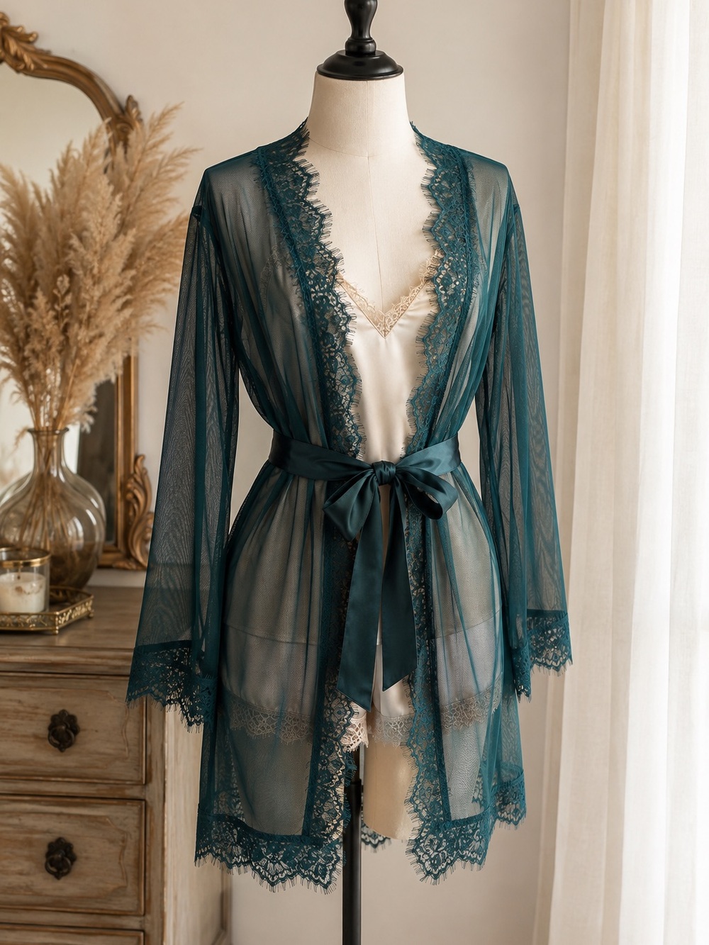 Sheer Lace Mesh Robe Teal Satin Tie Boudoir Bridal Getting Ready Loungewear L Xl View 6